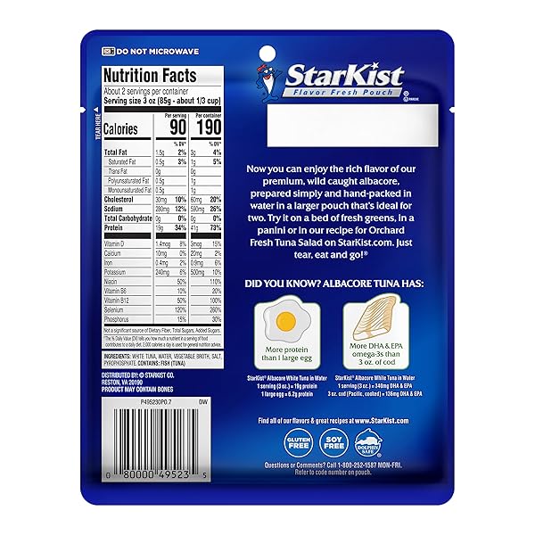 STARKIST ALBACORE WHITE TUNA IN WATER, 6.4 OZ POUCH (12 PACK) READY TO EAT WILD CAUGHT TUNA, 19G PROTEIN PER SERVING, 90 CALORIES PER SERVING,GLUTEN FREE, SOY FREE, KOSHER, PERFECT FOR MEALS & SNACKS