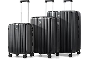 Hanke Expandable Hardshell Luggage Sets 3 piece Carry on Luggage with Wheels Suitcases Lightweight Checked Travel Luggage Rolling Large Suitcase Travel Luggage Bag Woman Men 20/24/29 Inch(Jet Black)