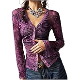 RoseSeek Women's Boho Paisley Button Down T Shirt V Neck Vintage Y2K Long Sleeve Fitted Fall Tee Tops