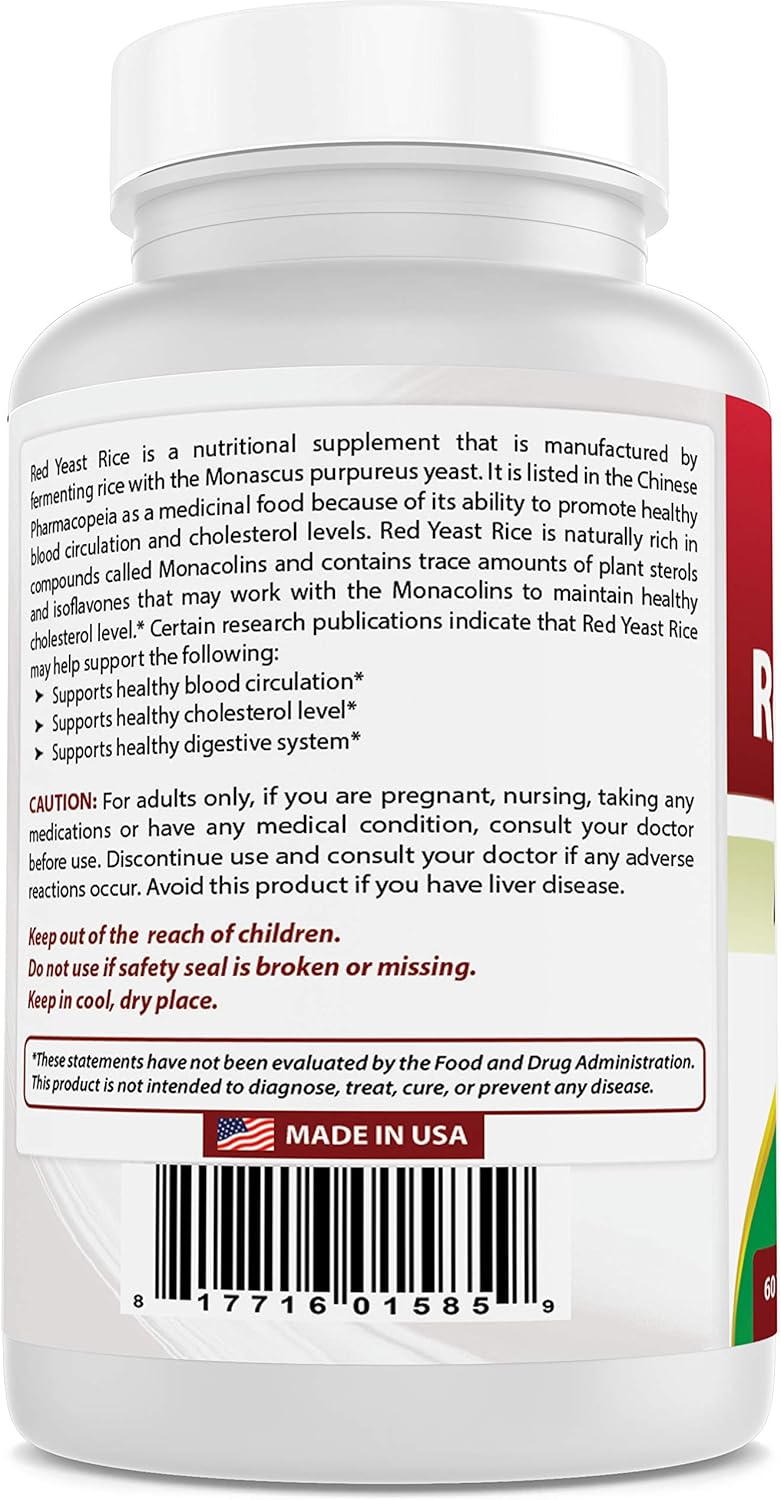 Best Naturals Red Yeast Rice 1200 Mg Tablet for Healthy Cholesterol Level, 60 Count (817716015859): Health & Personal Care