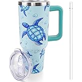Lumumanber 40 oz Sea Turtle Tumbler with Handle and Straw, Travel Mug Water Bottle, Stainless Steel Insulated Cup with Lid and Straw, Birthday Christmas Gifts