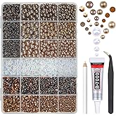 qiipii Brown 3mm-10mm Flatback Pearls and Rhinestones w B7000 Jewelry Glue for Bedazzling Crafting Half Pearls Resin Stones Diamonds Bedazzler Kit for Nails Face Eyes Makeup Tumblers Bottles Beauty