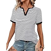 LilyCoco Women's Striped Shirt Short Sleeve Color Block Tops Notched Neck Summer Tee