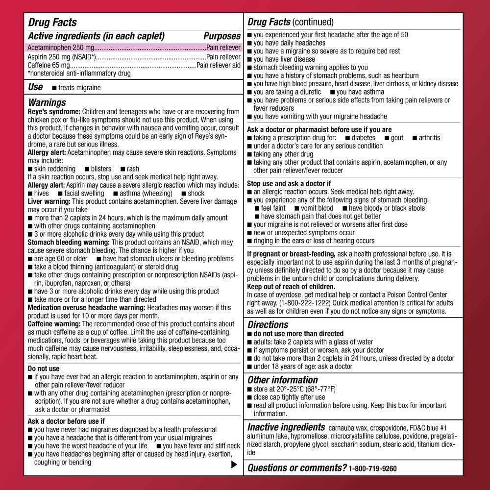  Basic Care Migraine Formula Caplets, Acetaminophen, Aspirin (NSAID) and Caffeine Tablets, Migraine Pain Relief, 200 Count: Health & Personal Care