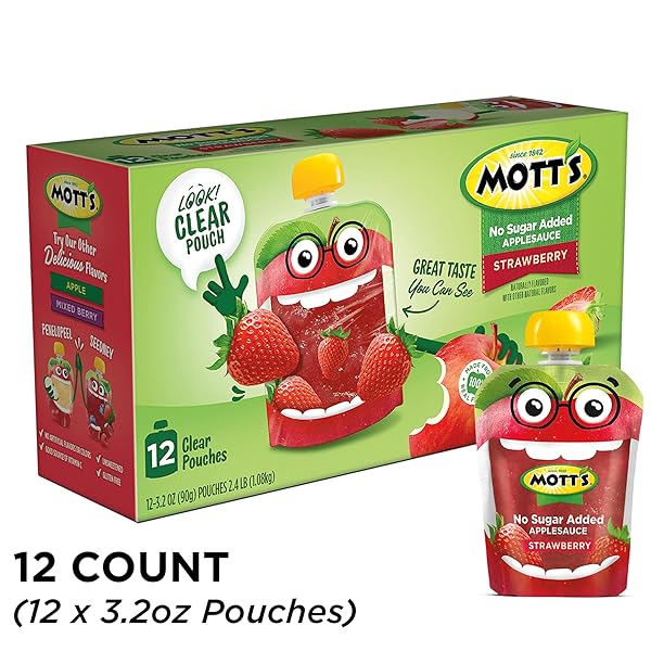 MOTT’S NO SUGAR ADDED STRAWBERRY APPLESAUCE, 3.2 OZ CLEAR POUCHES, 12 COUNT