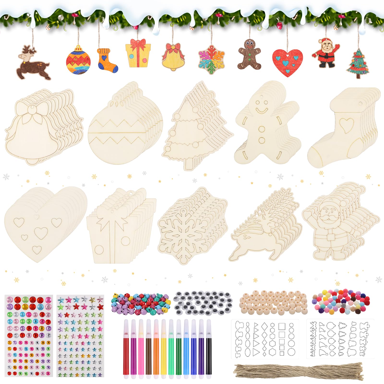 Fentar 416pcs Wooden Christmas Decorations, Blank Wooden Shapes for Crafting, Funny DIY Christmas Tree Decorations with Rich Accessories, Xmas Hanging Ornaments for Kids and Adults