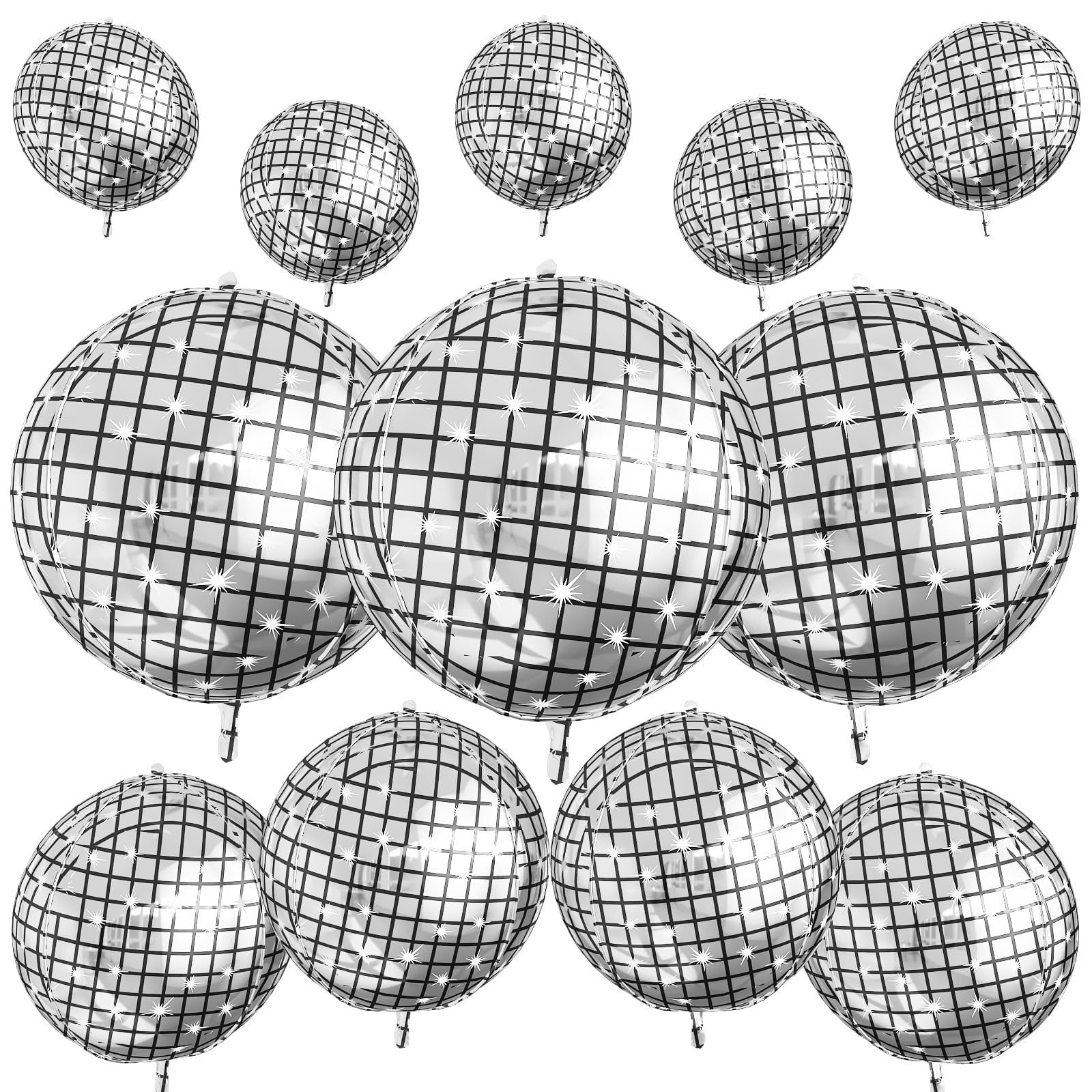 12Pcs Disco Ball Balloons, 22" 15" 10" 4D Aluminum Foil Balloons, Metallic Silver Disco Balloon for Birthday Bachelorette Disco 70s 80s 90s Themed Graduation New Year Eve Prom Party Decorations