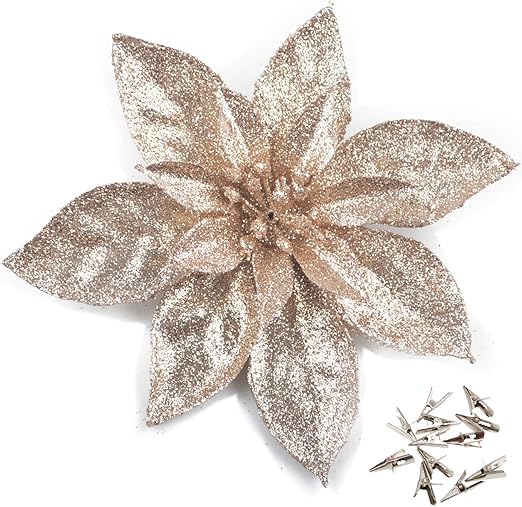 Wedding 10 Inch Picks Sea Team 6 Pack Artificial Glitter Poinsettia Branches Champagne Floral Stems Xmas Tree Decorations For Holiday Party Flower Sticks Christmas Flower Ornaments Home Decor Artificial Plants Flowers Sek Pro De