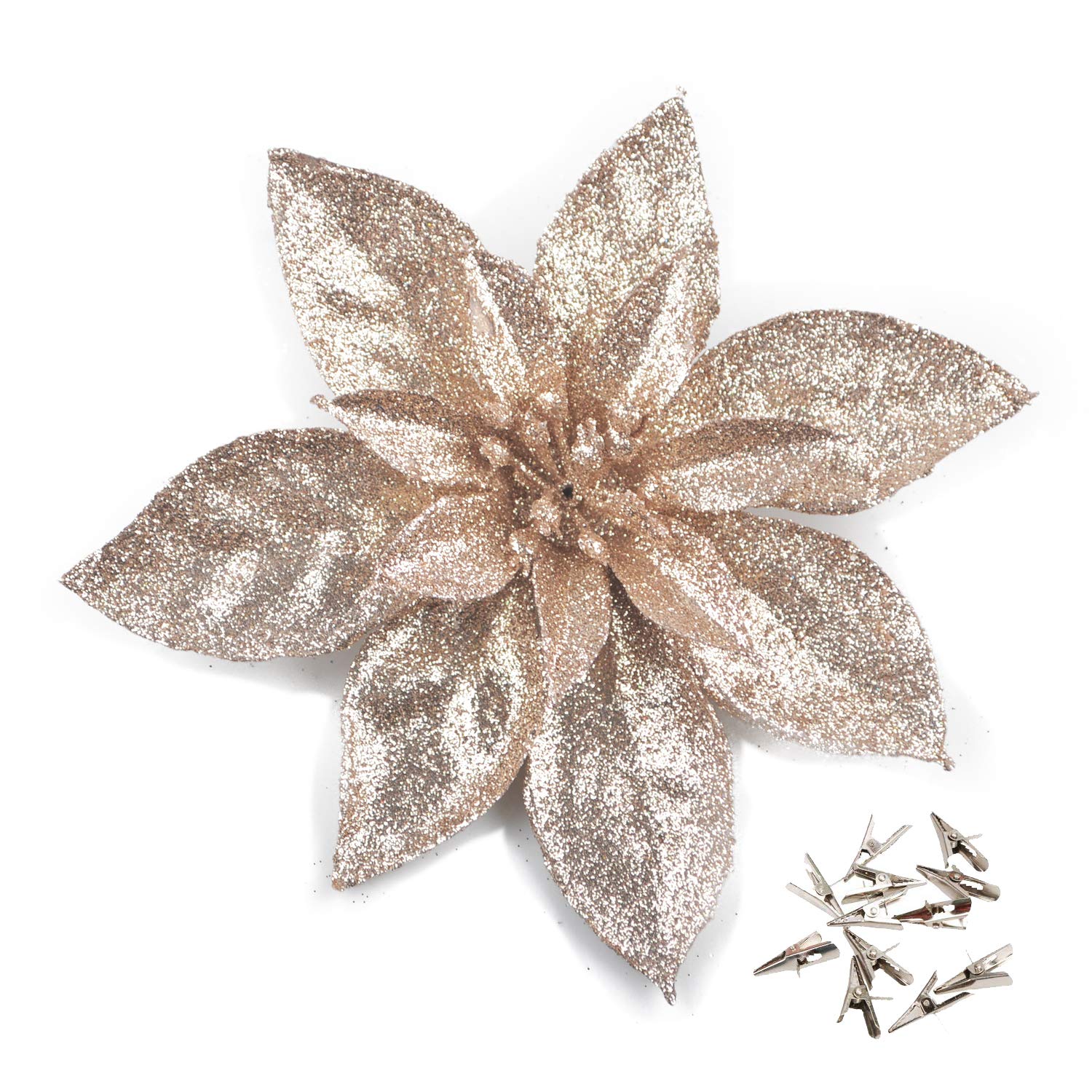 GL-Turelfies 12 Pcs Glitter Christmas Flowers(16cm/6.3’’) with 12 Pcs Clips Artificial Poinsettia Flower Christmas Tree Flower Decorations Xmas Tree Ornaments (Champagne)