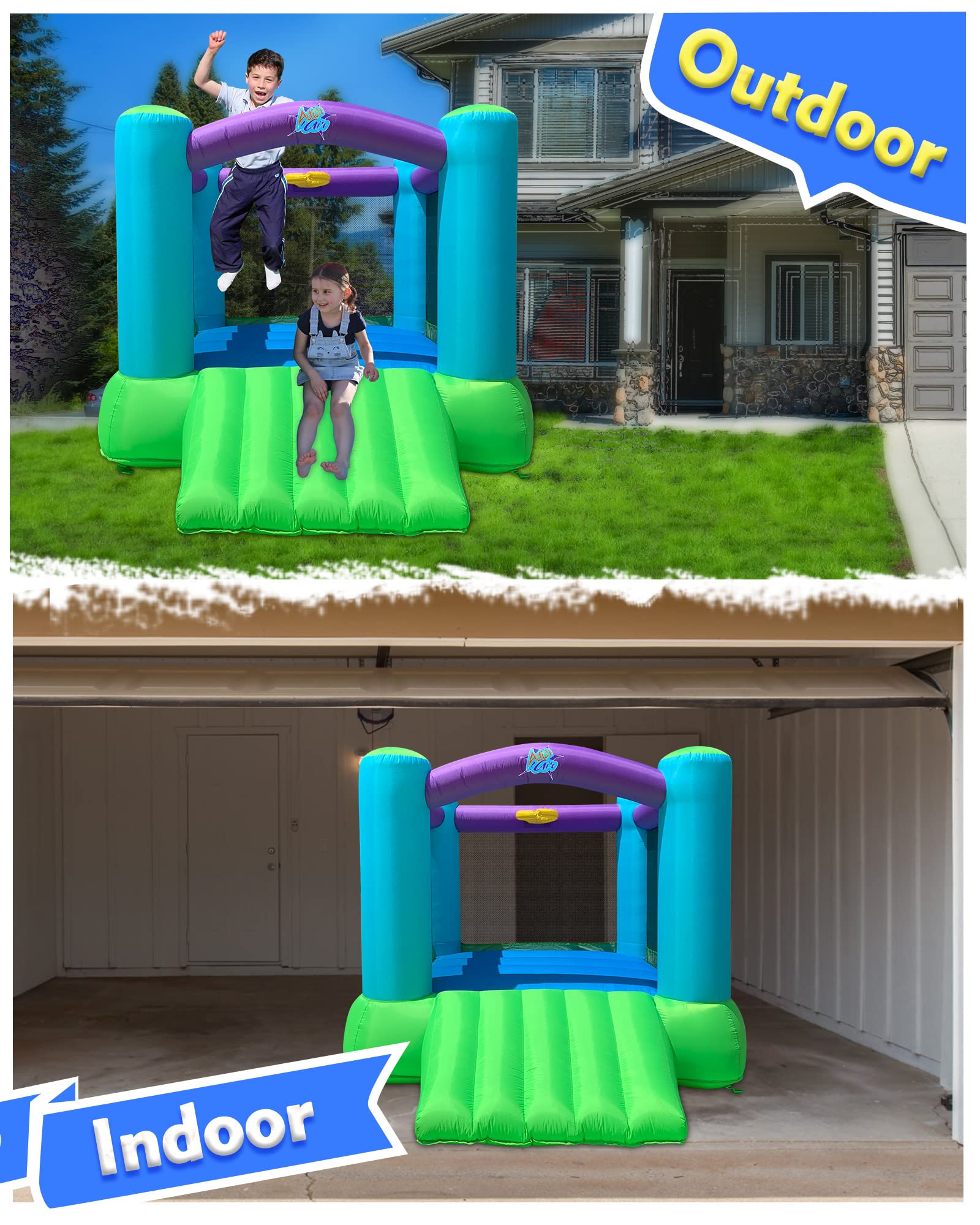 Action Air Bounce House - Inflatable Bouncing House with Blower for Indoor & Outdoor - Jump Bouncy Castle with Slide - Durable Sewn and Extra Thick, Love for Kids (3-5 Years)