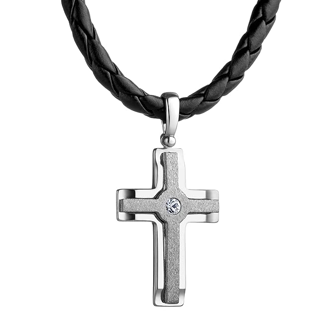 STERLL Herren Hals-Kette Leder Schwarz Kreuz-Anhänger Silber 925 mit Swarovski Elements Schmuck-Beutel Geschenk set für Männe