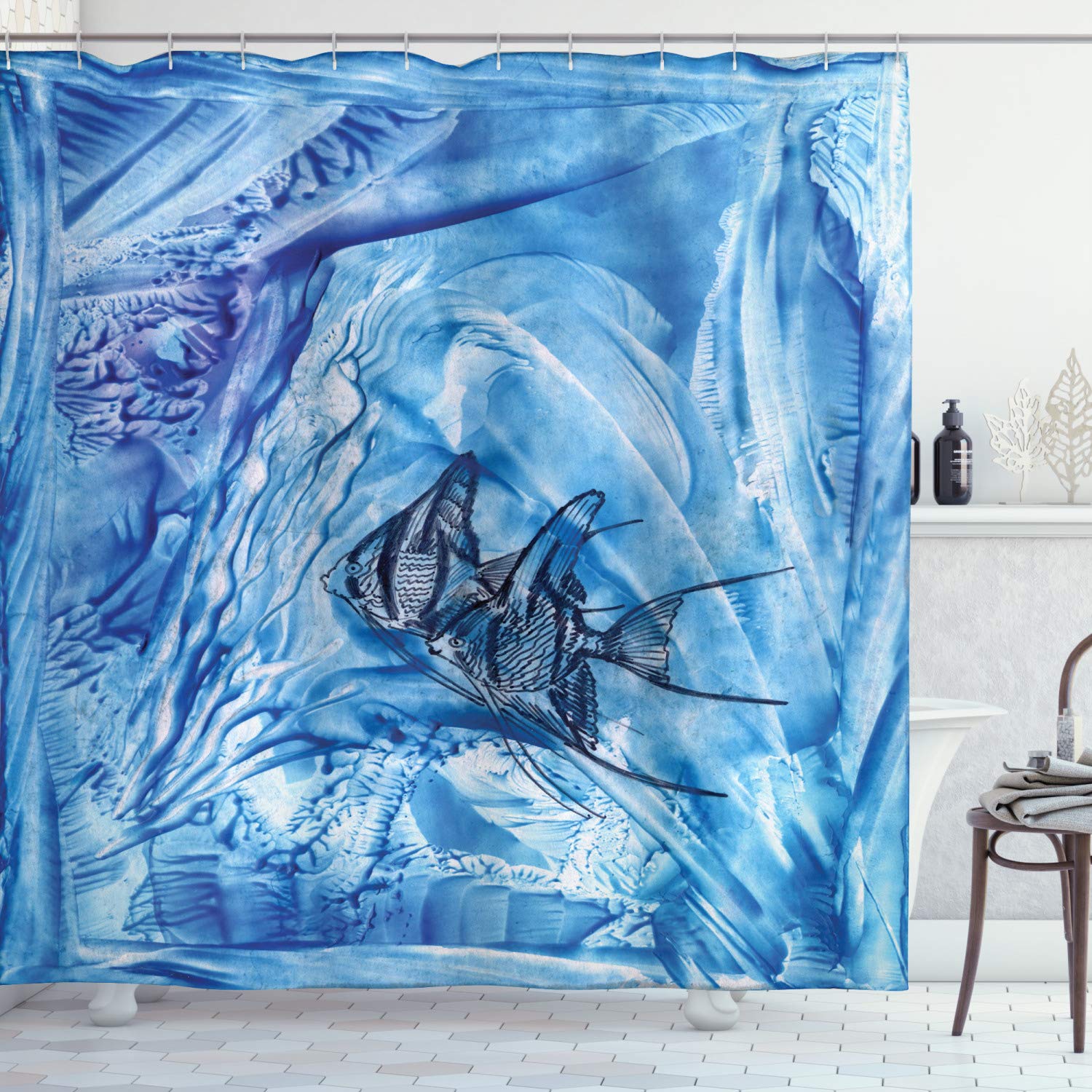 ABAKUHAUS Watercolor Flower Shower Curtain, Small Fish Creepy Snow Cover Ice Crystal Labyrinth Aquatic Ocean Inspired Art, Cloth Fabric Bathroom Decor Set with Hooks, 86 Inches Extra Long, Blue