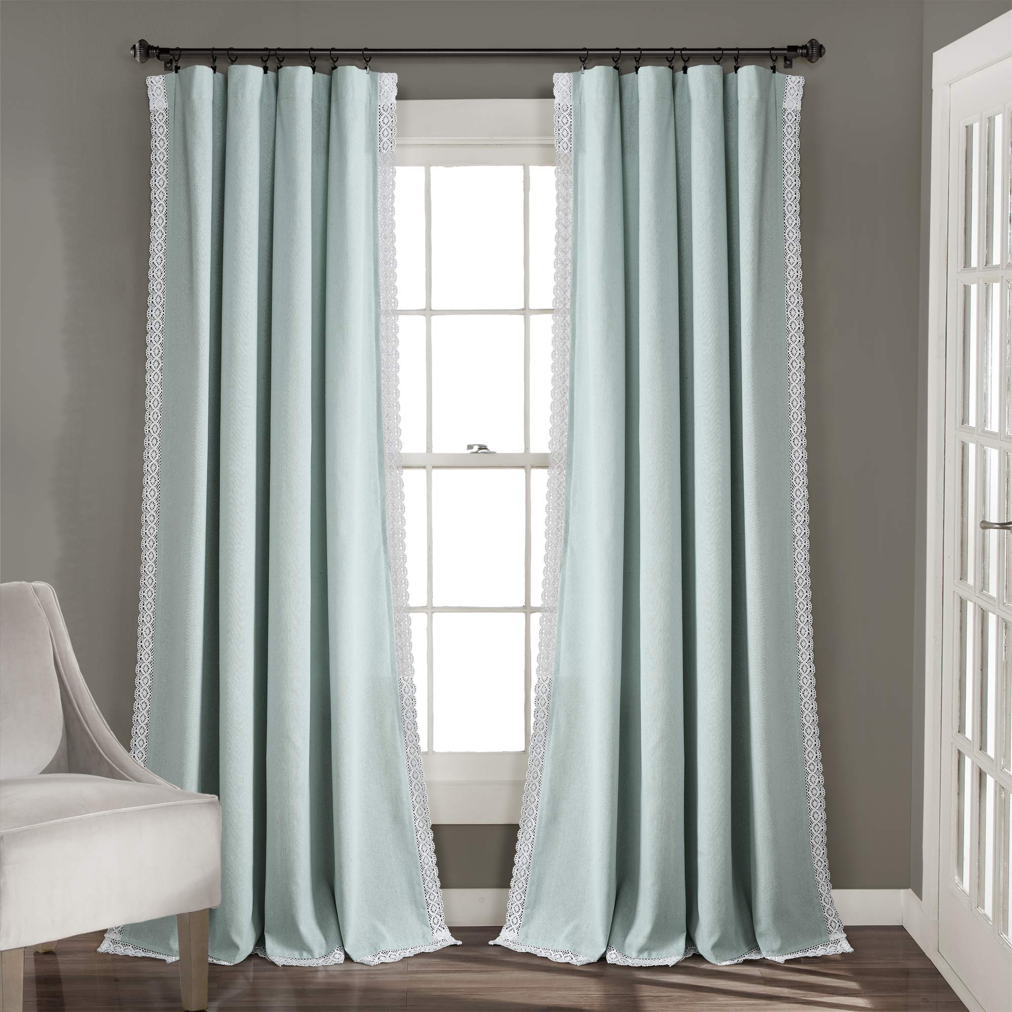 Lush Decor Rosalie Farmhouse Window Curtains Rustic Style Panel Set for Living, Dining Room Bedroom (Pair), 54" W x 84" L, Blue — image 1
