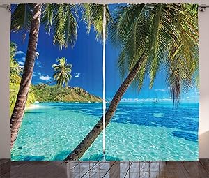 Ambesonne Ocean Curtains, Image of a Tropical Island with The Palm Trees and Clear Sea Beach Theme Print, Living Room Bedroom Window Drapes 2 Panel Set, 108