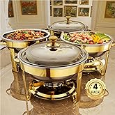 Chafing Dishes for Buffet, 4 Pack 5QT Round Stainless Steel Chafing Dish Set for Home Parties, Christmas Gatherings, Catering Events Complete Buffet Warmer Set (Golden 4)