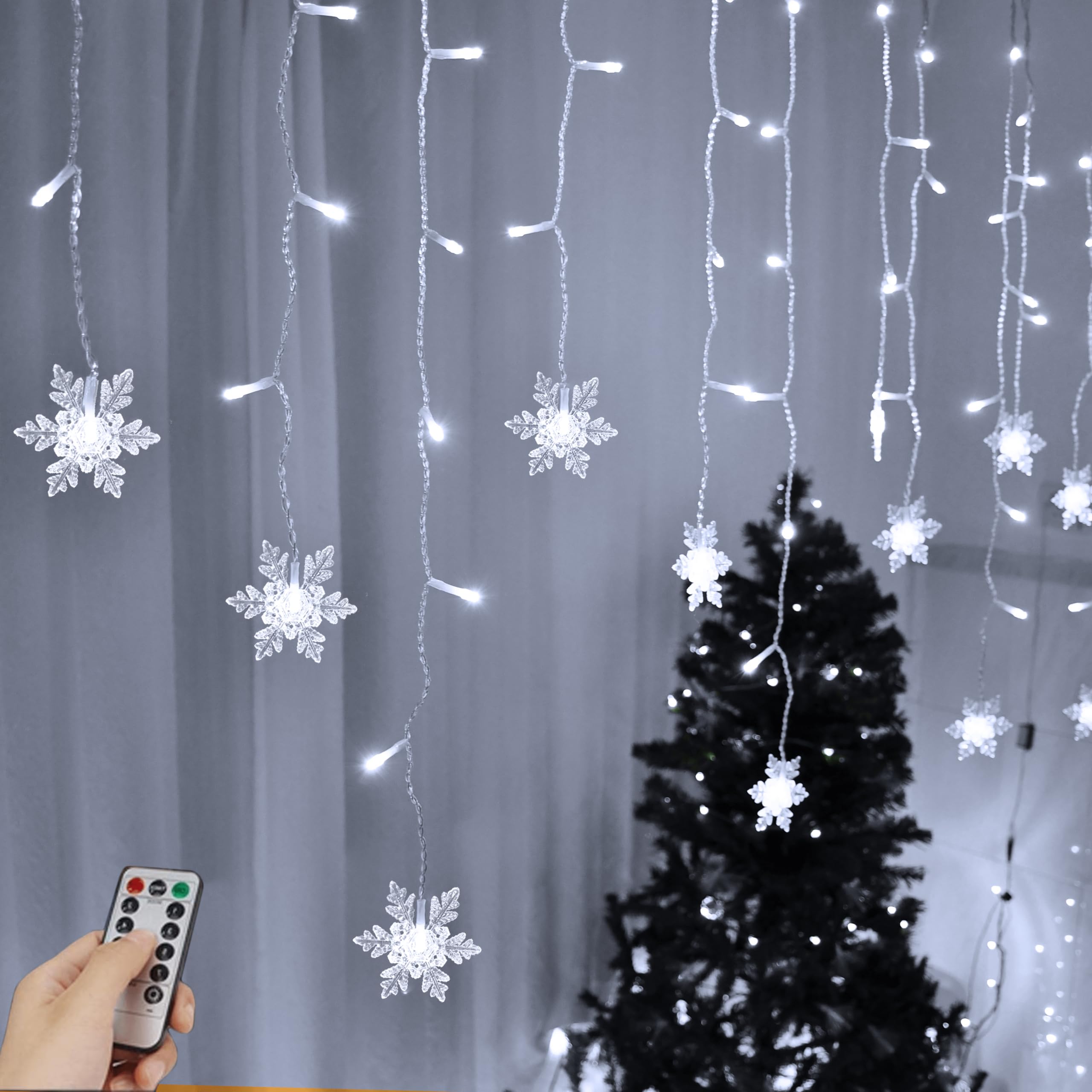 YOLIGHT Snowflake Window Curtain Lights, 4m 96 LED Snowflake Christmas Icicle Lights with Remote,18 Drops,8 Modes Twinkle Fairy Light for Christmas Tree,Bedroom,House, Holiday,Yard Decoration(White)