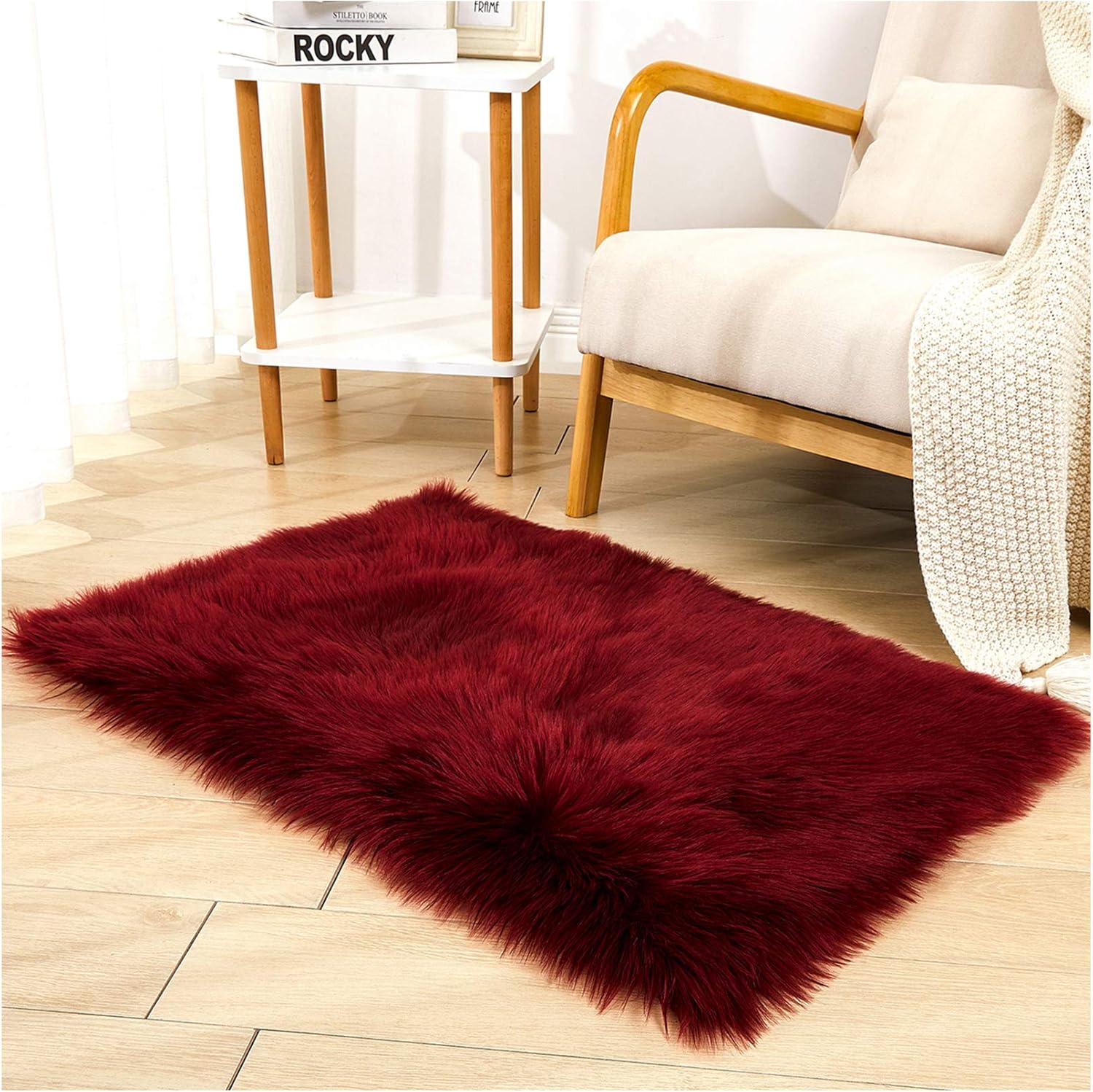 Faux Sheepskin Fur Fuzzy Rug with Rug Grippers for Burgundy