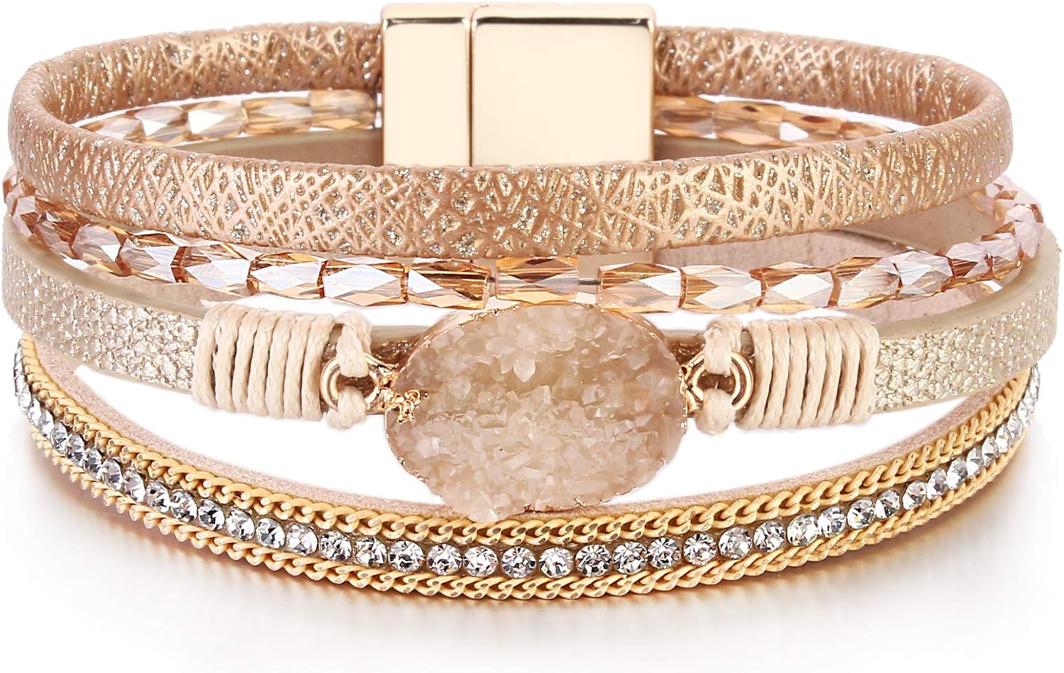 Leather Wrap Bracelet Boho Cuff Bracelets Crystal Bead Bracelet with Magnetic Clasp for Women Handmade Layered Bracelet for Women Teens(7.7", Gold): Clothing