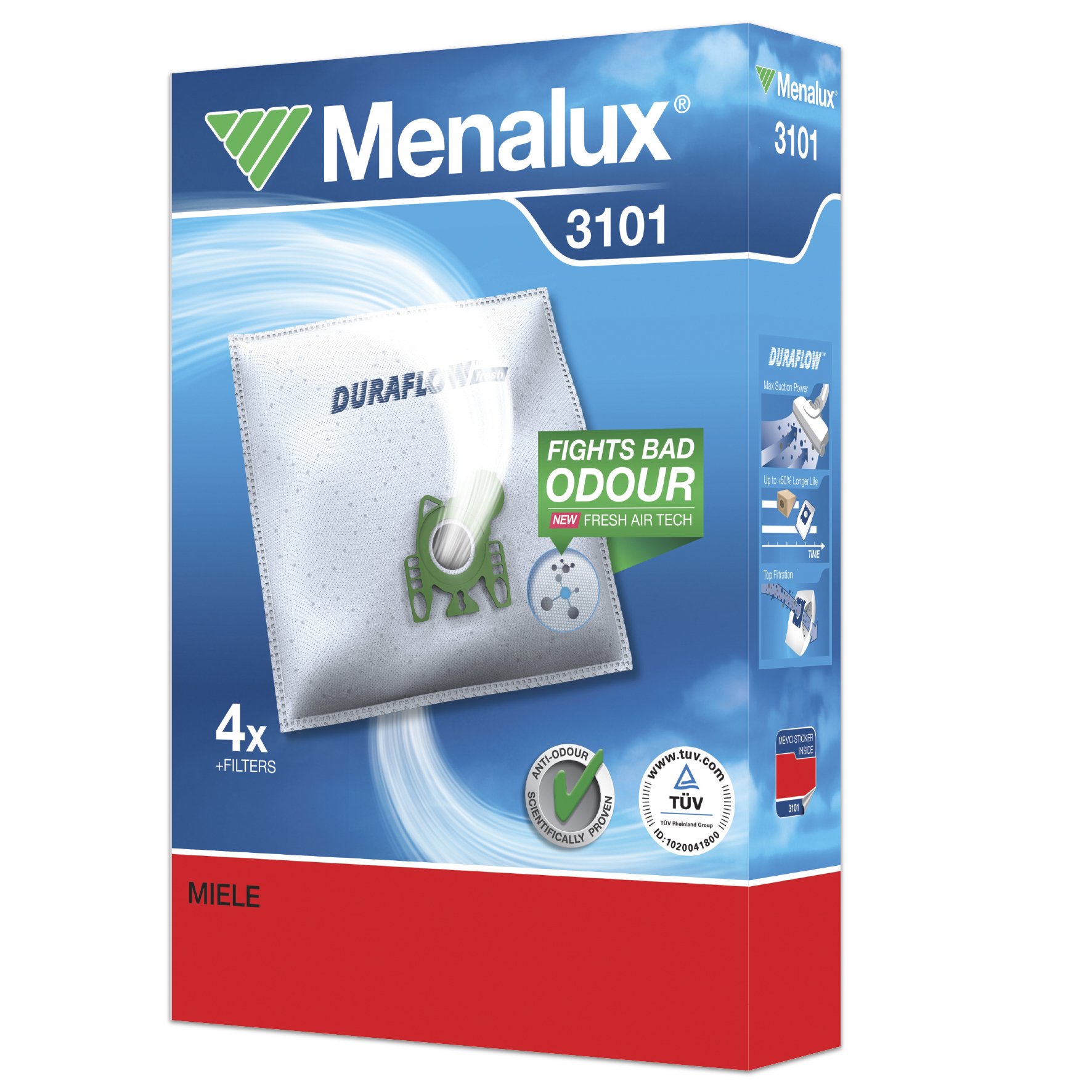 Menalux 3101 Pack of 4 Synthetic Dustbags, 1 Micro Filter and 1 Motor Filter