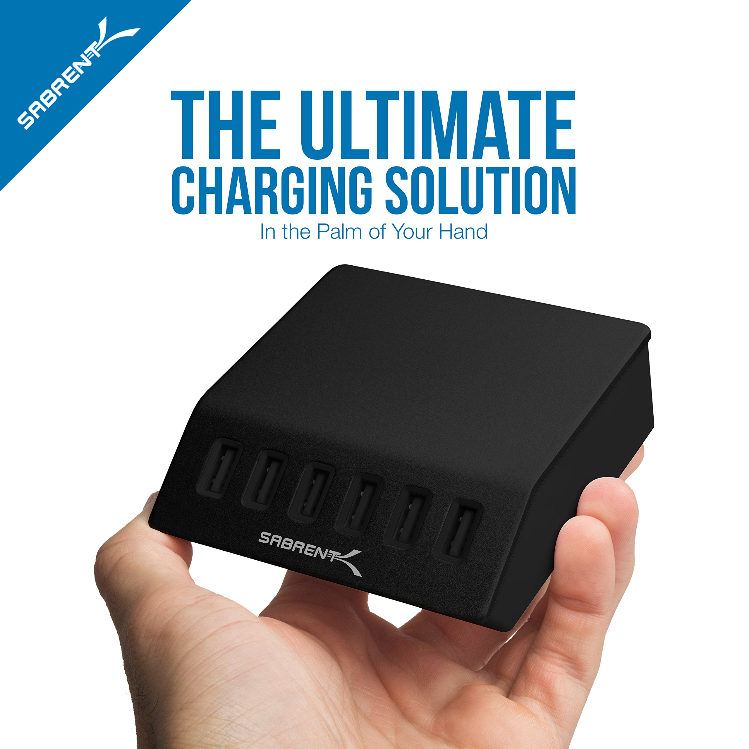 SABRENT Premium 60 Watt (12 Amp) 6 Port Aluminum Family Sized Desktop USB Rapid Charger.[UL Certified ] Smart USB Charger with Auto Detect Technology [Black] (AX-FLCH-B)