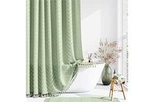 Dynamene Boho Farmhouse Shower Curtain, Sage Green Fabric Tufted Chevron Striped Textured Tassel Shower Curtains for Bathroom, Water Repellent, Minimalist Cloth Shower Curtain Set with Hook, 72x72