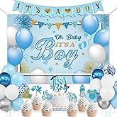 Blue Baby Shower Decorations for Boy Blue Baby Party Decor Kit with It’s A Boy Banner Blue and White Balloons It's a Boy Backdrop and Cake Cupcake Toppers Baby Boy Shower Decor