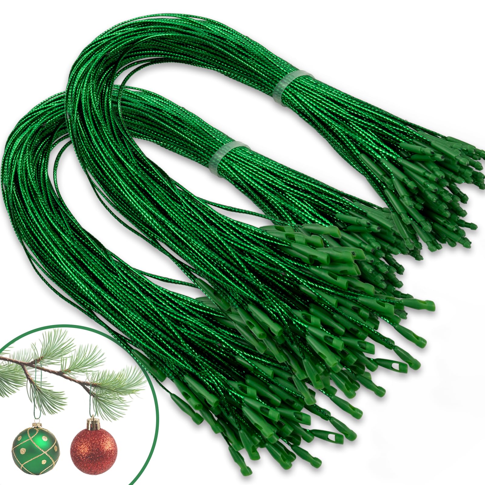 Photo 1 of 200pcs Christmas Ornaments String Hanger Green Precut Ribbon Hook for Christmas Tree Ornament Decorations with Snap Fastener