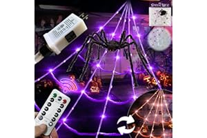 HBSTK Plug Operated 8 Modes 20 * 17FT Halloween Light Up Spider Web 250 Led Purple & Orange Lights with 5Ft Giant Spider 200sqft Cobweb 20 Small Spiders for Indoor 6