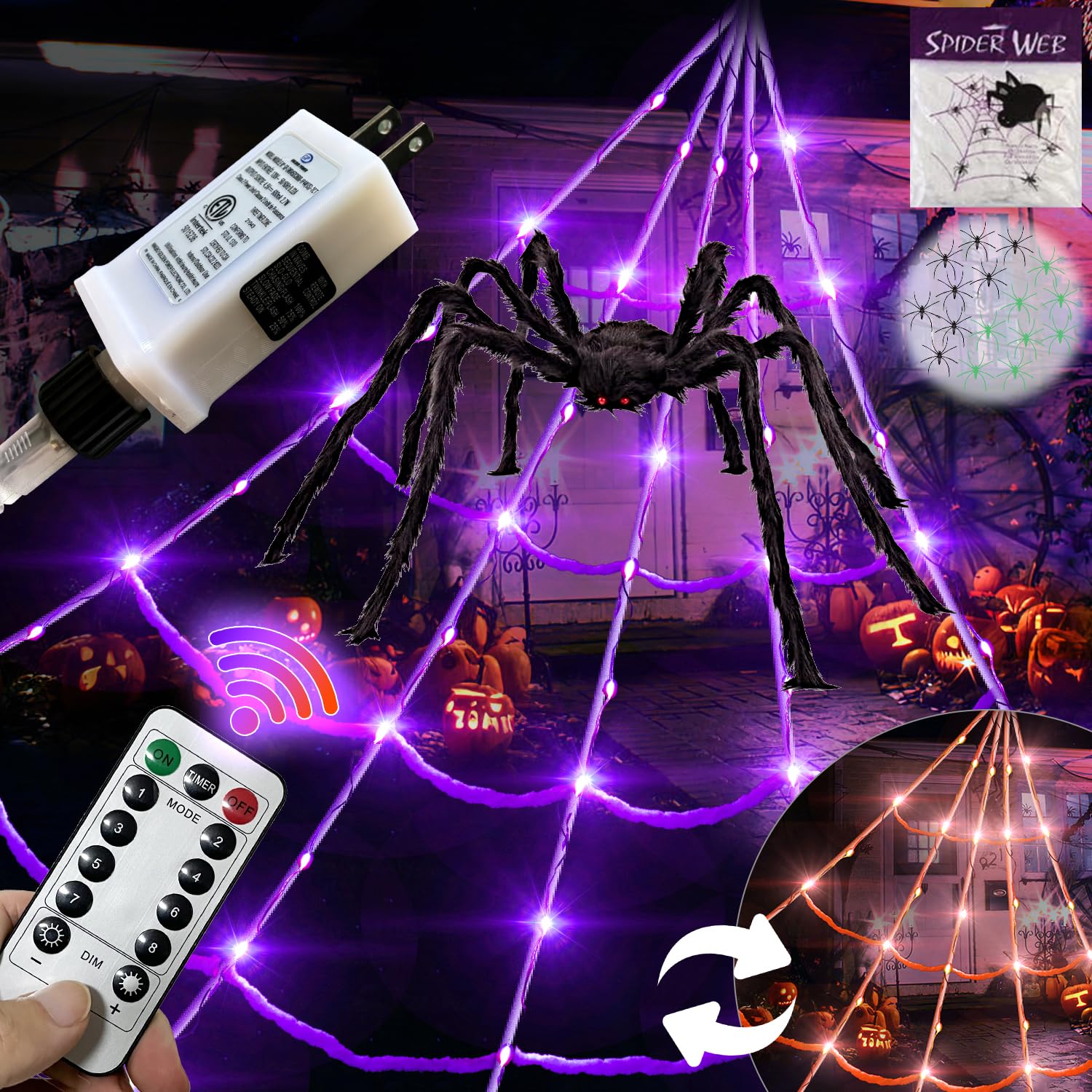 Photo 1 of ***damage to spiderweb*** Plug Operated 8 Modes 20 * 17FT Halloween Light Up Spider Web 250 Led Purple & Orange Lights with 5Ft Giant Spider 200sqft Cobweb 20 Small Spiders for Indoor 6