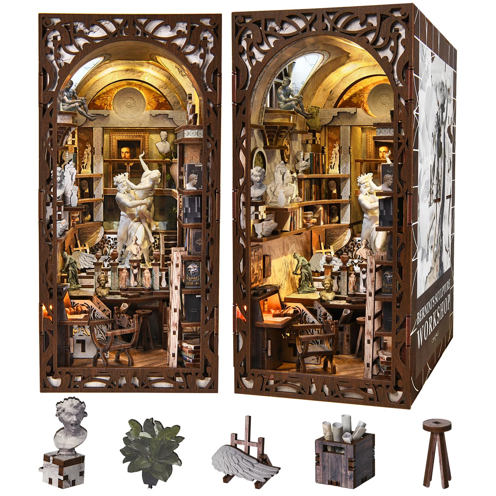 CCCDF DIY Book Nook Kit, 3D Wooden Puzzle for Adults, Teens, DIY Miniature Dollhouse Booknook Kit Bookend Bookshelf Insert Decor with LED Light (Bernini's Sculpture Workshop) Image