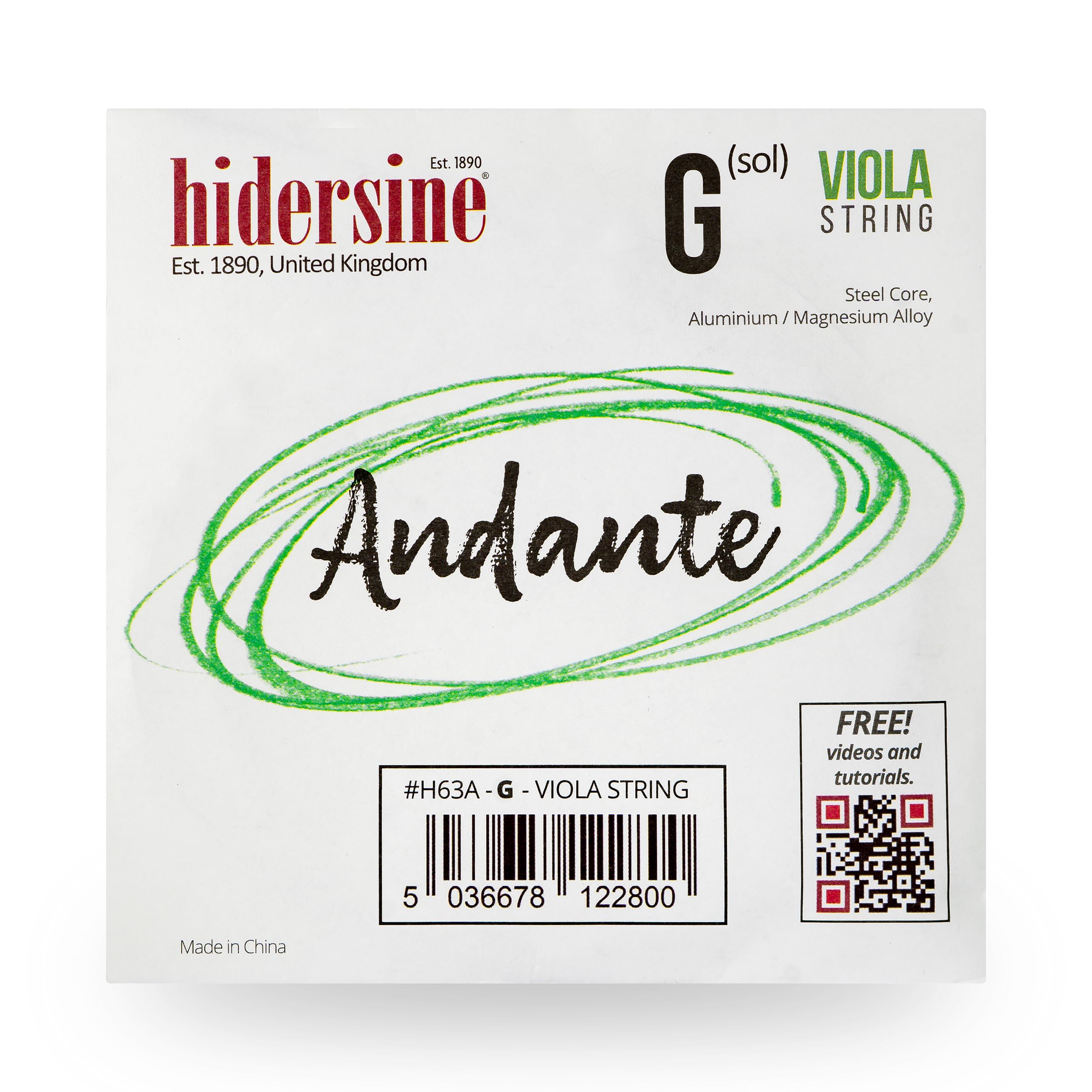 Hidersine Andante SINGLE G String for VIOLA. Steel Core, alloy string for longevity and ease of playing feel. Great tone and great value. Ideal for all Viola Students. SINGLE G String only.