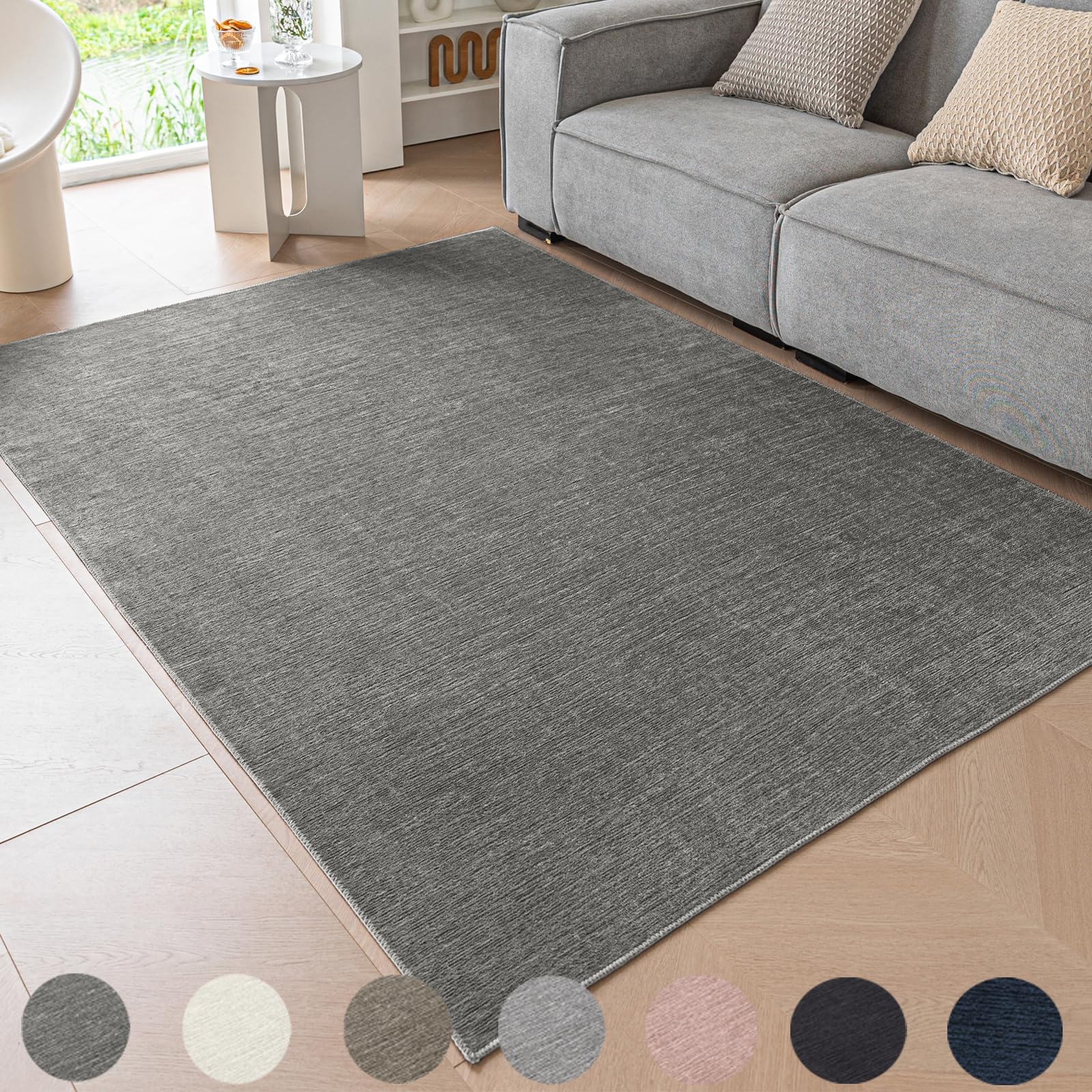 Ceneco Low Pile Rug, Washable Rug Living Room - Modern Soft Short Pile Rugs for Bedroom,Non Slip Thin Carpet, Area Rugs for Kitchen,Office,Lounge (Dark Grey, 80×120cm)