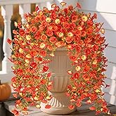 Hrobek Artificial Fall Hanging Flowers for Decoration, 2pcs Long Vine Fake Flowers Plants Morning Glory, Realistic Faux Petunias for Planter Patio Porch Garden Autumn Outdoors Dec, Orange Sunset