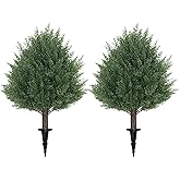 21'' Artificial Cedar Topiary Ball Trees with Ground Spike, 2 Pack Artificial Shrubs, UV Resistant Fake Plant Brush for Indoor Outdoor Front Porch Garden