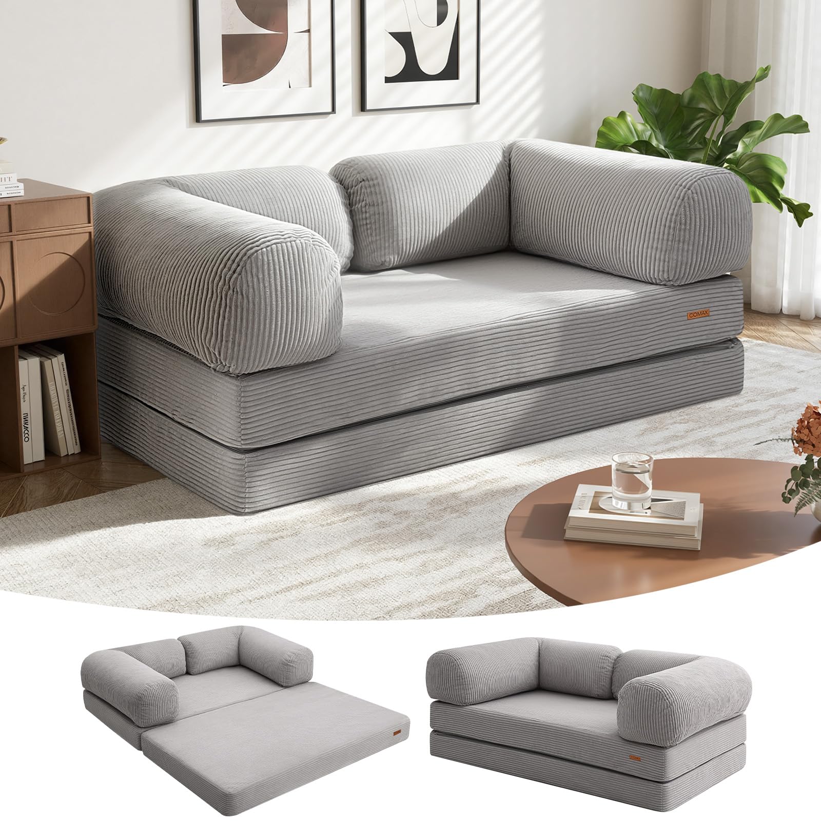 Photo 1 of COMAX Folding Sofa Bed Queen, 4-in-1 Foldable Floor Couch Convertible Futon Sofa with Armrests Sleeper Mattress Chair Bed Comfy Portable Fold Out Lounge Guest for Living Room Bedroom, Light Grey