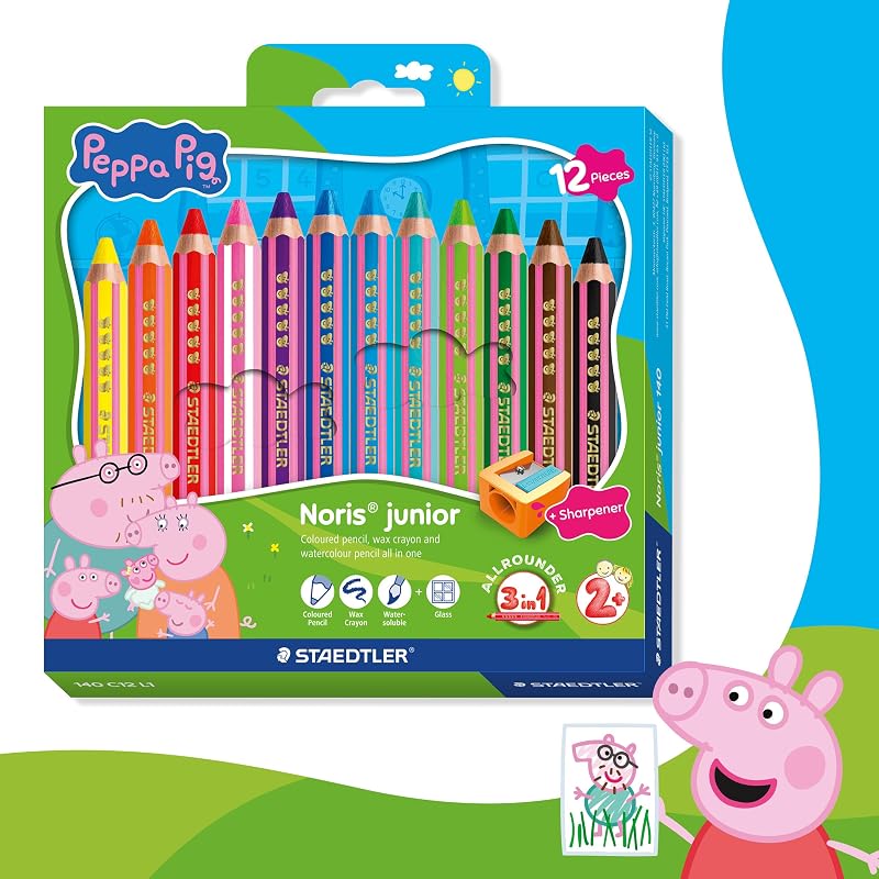 Noris junior matite colorate Peppa Pig set da 12 – matite 3 in 1 pastello a cera e acquerellabile per diverse superfici – mine extra morbide per colori intensi