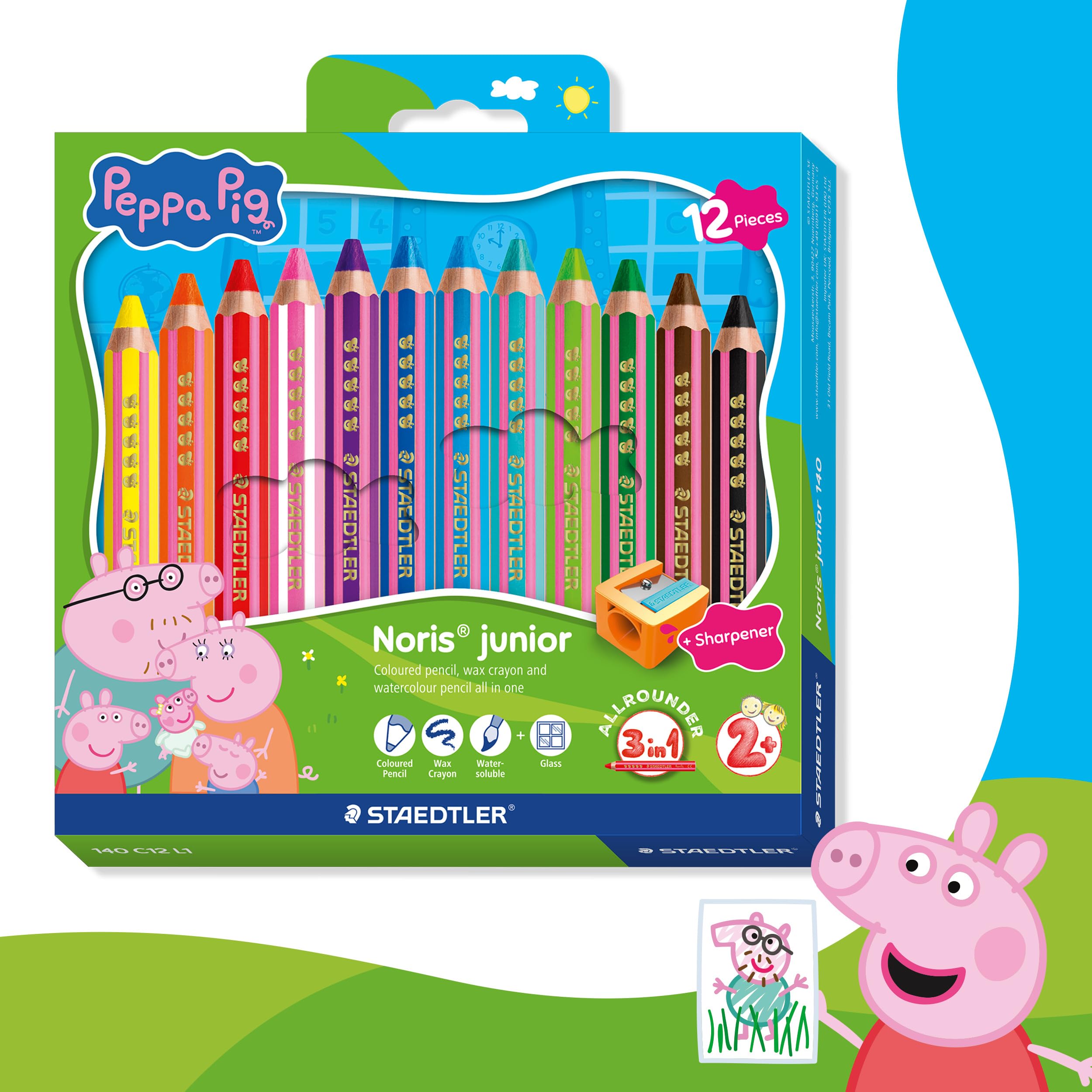 STAEDTLER Noris junior Buntstifte Peppa Wutz 12er Set - 3 in 1 Wachsmal-Aquarellstifte für vielseitige Untergründe - Extra weiche Farbminen für intensive Farben - Ergonomische Kinderstifte 2
