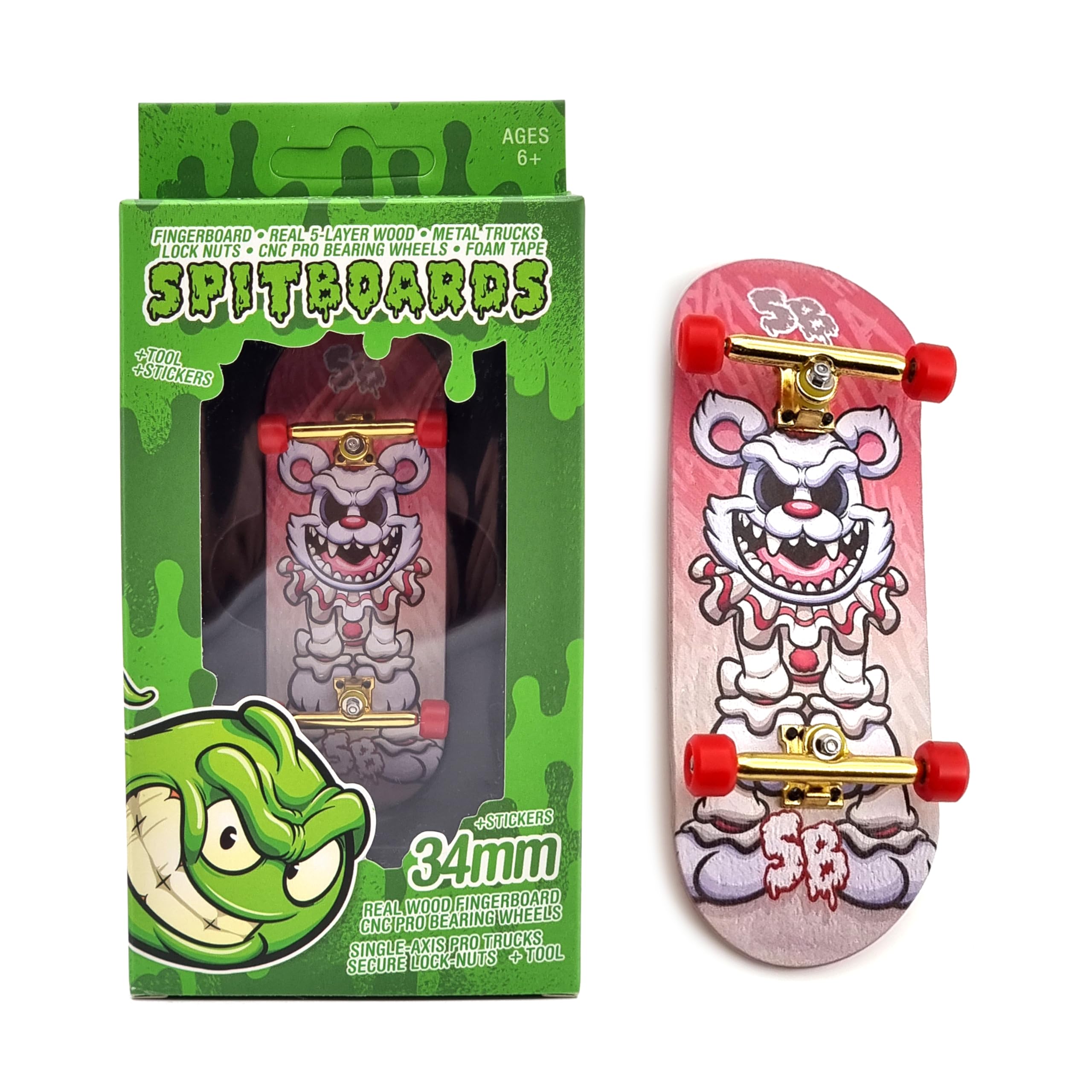 SPITBOARDS 34 mm x 96 mm Fingerboard Set-Up (Complete) | Real Wood Deck | Trucks With Lock Nuts and Bushings | Polyurethane Wheels With Bearings | Hahaha Clown โ image 1