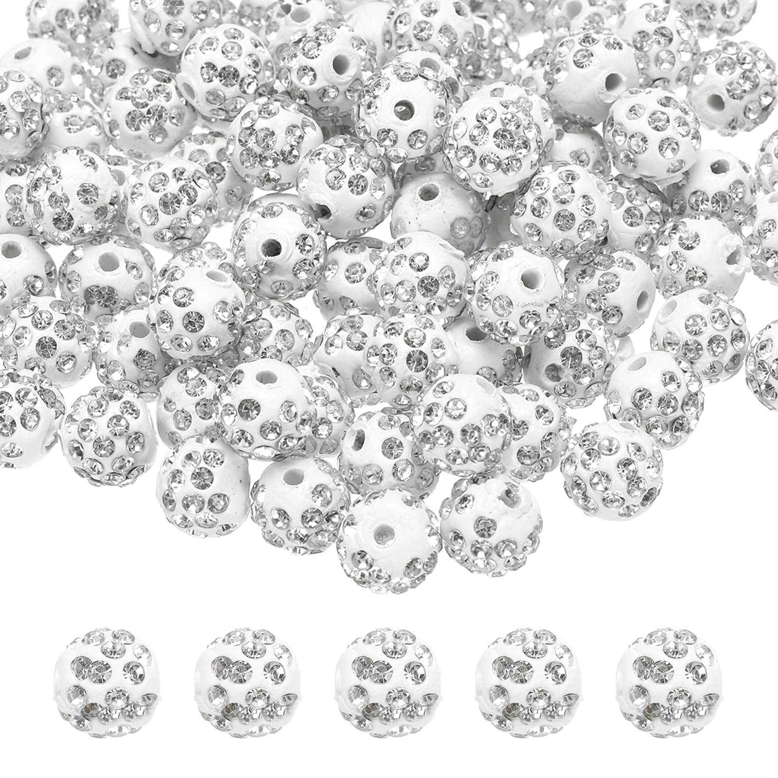 Photo 1 of MECCANIXITY 100pcs 10mm Rhinestone Beads for Jewelry Making, Bling Disco Bead Sparkle Diamond Clay Bead for Necklace Bracelet Christmas, White