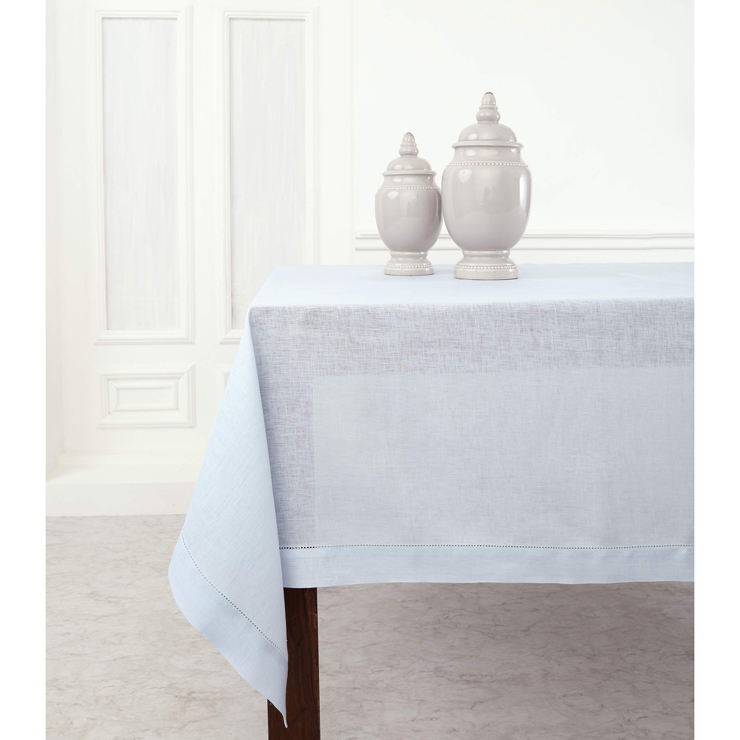 Solino Home Light Blue Linen Tablecloth 60 x 120 Inch - 100% Pure Linen Hemstitch Table Cloth for Rectangle Tables - Classic Hemstitch, Machine Washable Tablecloth