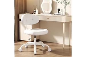 Misolant Vanity Chair with Back, Small Armless Cute office Chair with wheels and Lumbar support, Comfy PU Leather Desk Computer Chairs with Adjustable Height, 360°Swivel for Home Bedroom Office, White