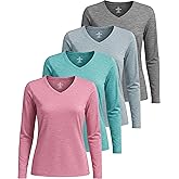 Real Essentials 4 Pack: Women's Long Sleeve Dry Fit V-Neck T-Shirt - Active Athletic Workout Gym Top (Plus Available)