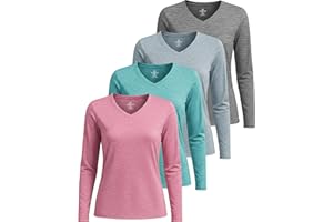 Real Essentials 4 Pack: Women's Long Sleeve Dry Fit V-Neck T-Shirt - Active Athletic Workout Gym Top (Plus Available)