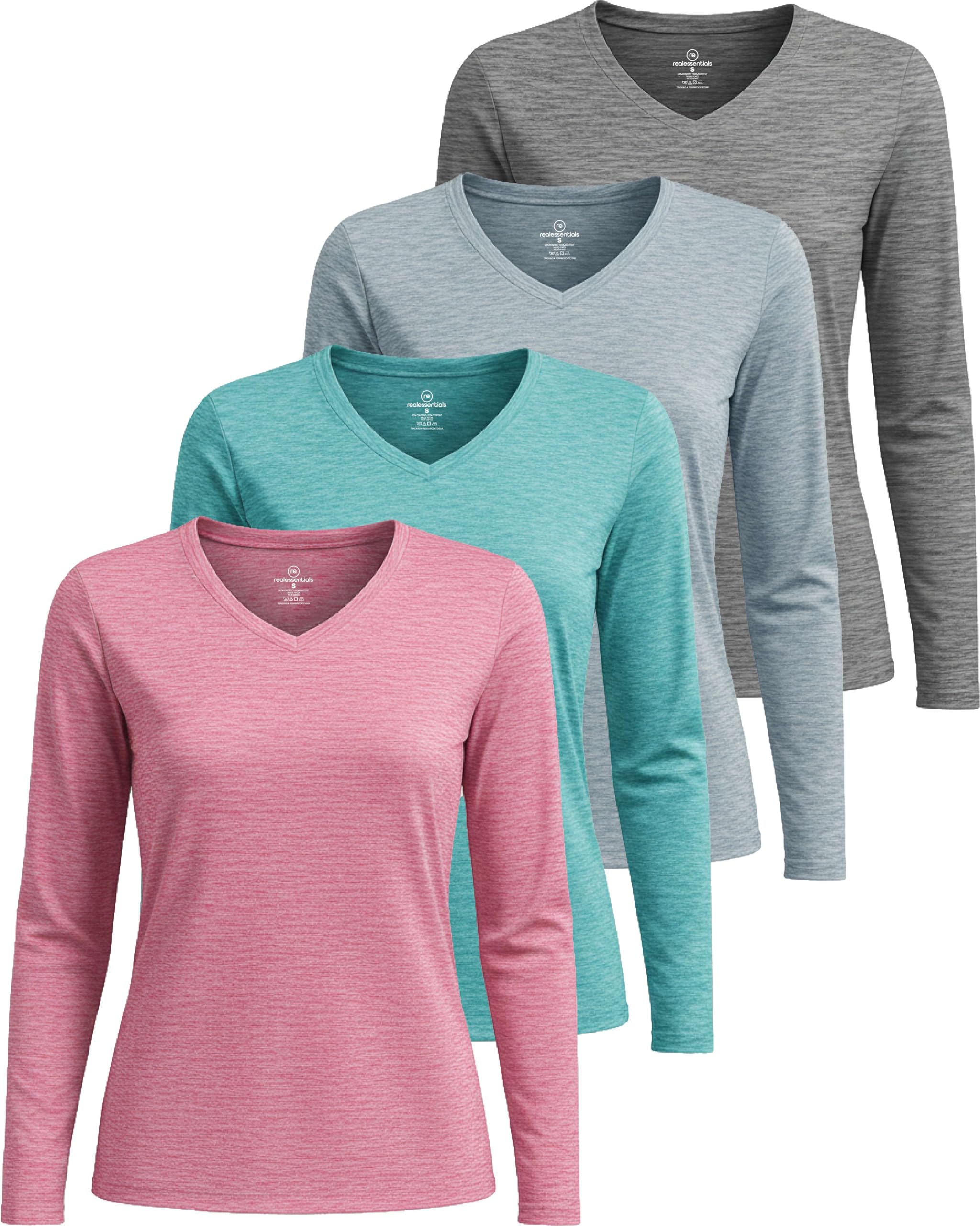 View 1 of **ONLY 2/MISSING GREY AND PINK SHIRT***Real Essentials 4 Pack: Women's Long Sleeve Dry Fit V-Neck T-Shirt - Active Athletic Workout Gym Top - Set 1, S
