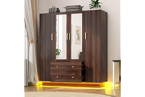 jiteentarou 4 Door Wardrobe Closet with Mirrors and LED Lights, Bedroom Armoire with Drawers and Shelves, Modern Wooden Armoire Wardrobe Closet with Hanging Rod for Bedroom, Brown