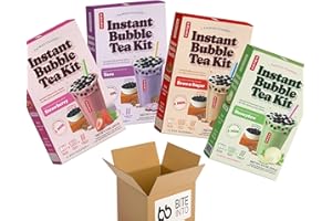 POCAS Instant Bubble Tea Kit with Real Tapioca Pearls, Ready to Drink in 1 Minute, Variety Pack – Strawberry, Taro, Brown Sugar and Honeydew, Pack of 4, (12 Total Kits) Bundled in BITE INTO Box (Box Color May Vary).