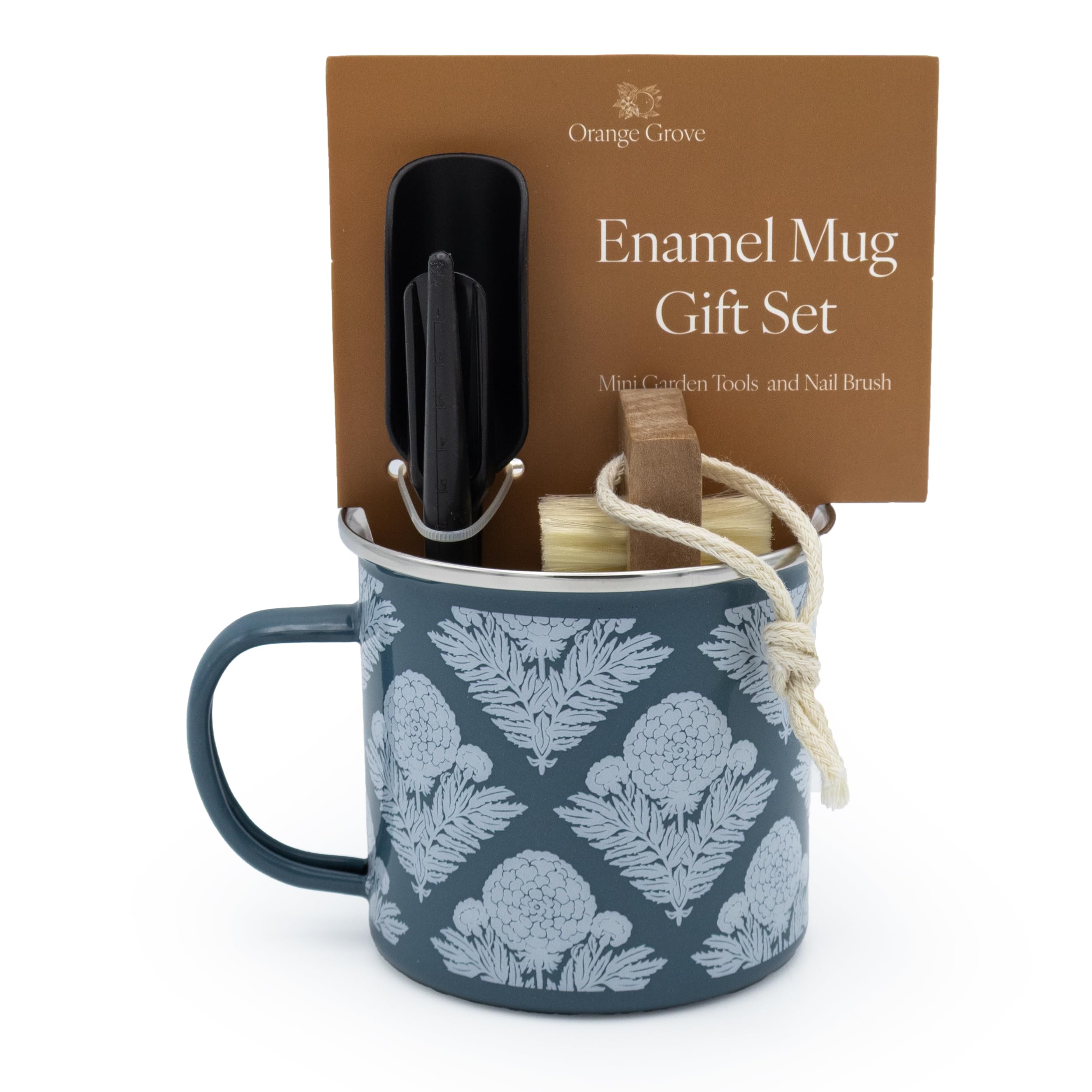 Mini Garden Tools and Enamel Mug Gardening Gift Set - Includes Dibber, Shovel, Seedling Extractor and Nail Brush