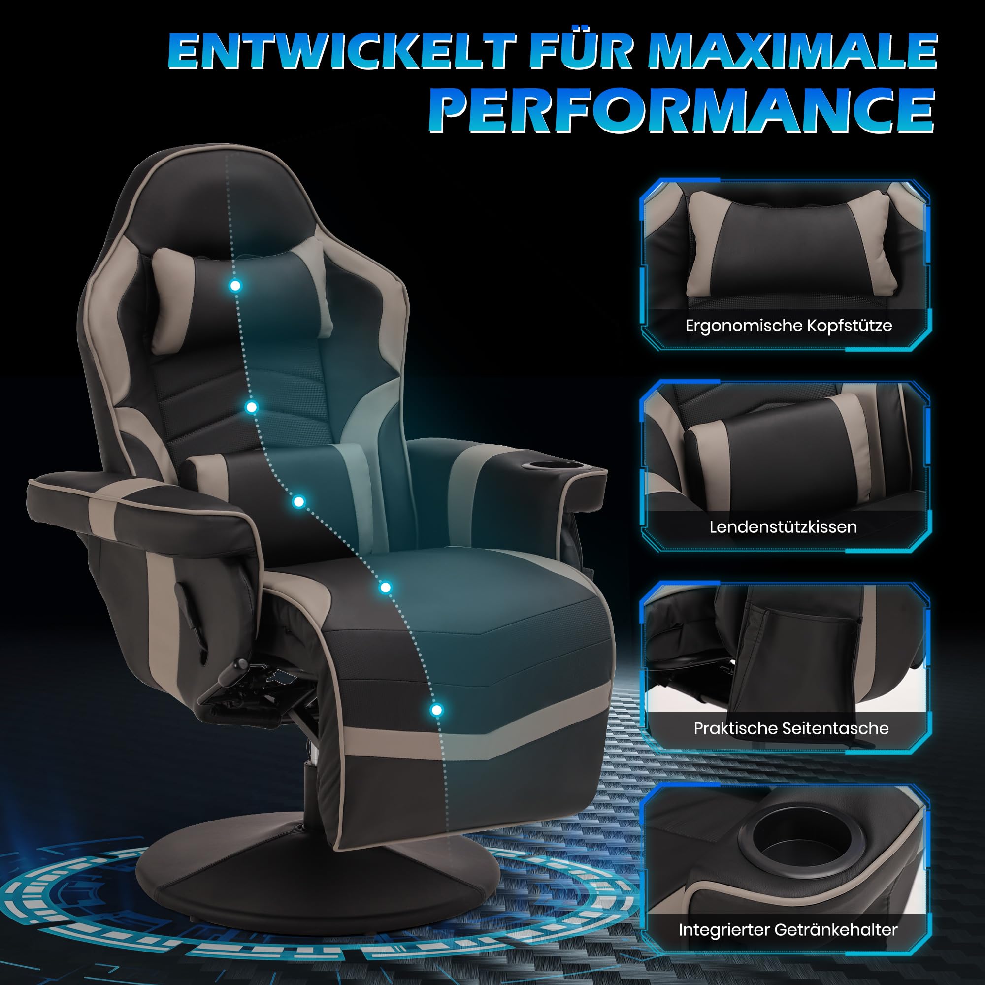 PALLOME Gaming Stuhl mit Massagefunktion, Höhenverstellbarer Gaming Chair mit Ausziehbarer Fußstütze & Getränkehalter, Ergonomischer Bürostuhl mit Kopfstütze, Drehbarer Racing Gamer Chair (Grau) 4