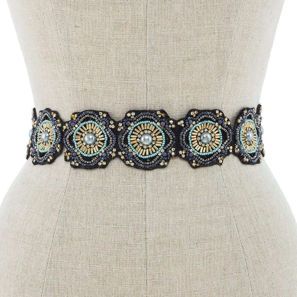 COLORFUL SEED BEAD AND RHINESTONE STRETCH BELT ( Blue Color 31" whole