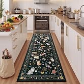 Unirea 2x6 Black Cat Runner Rug for Kitchen Entryway, Washable Long Rug | Non Slip Low Pile Soft Carpet for Front Door Entrance Bathroom, Pet & Kids Safe, Easy Clean,Cute Floral Animal Home Rug